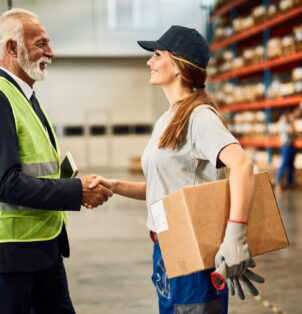 Happy female warehouse worker handshaking with company manager in industrial storage compartment.